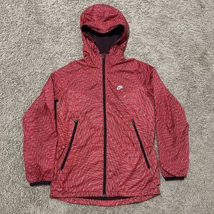 Nike Jacket Womens Small Red Windrunner Geometric Grid Packable Hooded Running